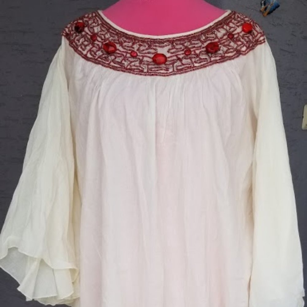 100% Linen Cotton Embellished Blouse Fits 5X